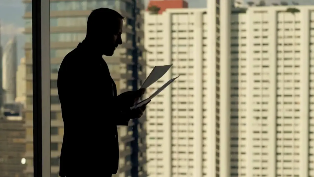 The silhouette of a man in a business suit, reading some papers with a highrise building in the background.